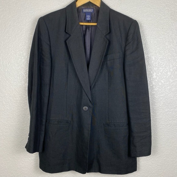 Lands' End Jackets & Blazers - Vtg Lands End Blazer Womens 14 Irish Linen Black Relaxed Minimalist Lagom Scandi